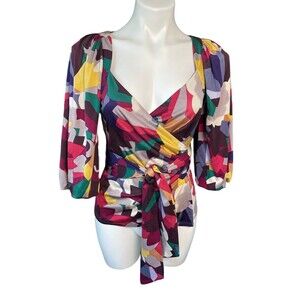 CATHERINE MALANDRINO 100% SILK ABSTRACT PRINT BELL SLEEVE WRAP FRONT BLOUSE‎ P